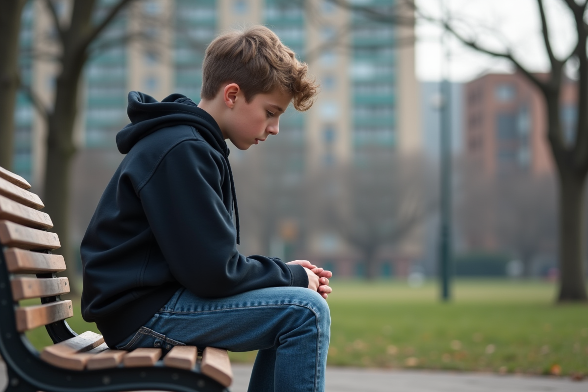 Adolescent assis seul sur un banc dans un parc urbain
