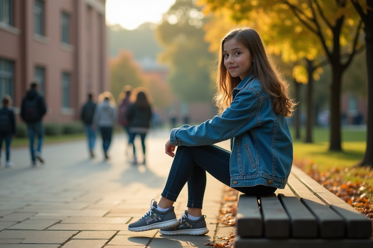 Adolescente assise sur un banc dans la cour d