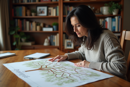 Femme examinant un arbre généalogique familial sur la table