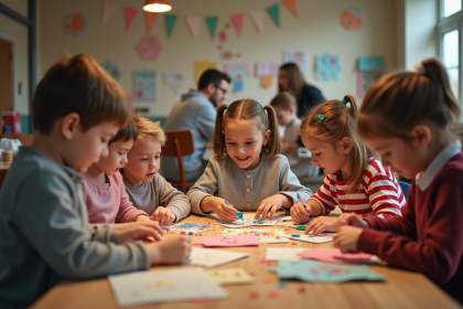 Groupe d'adultes et enfants créant des décorations artisanales