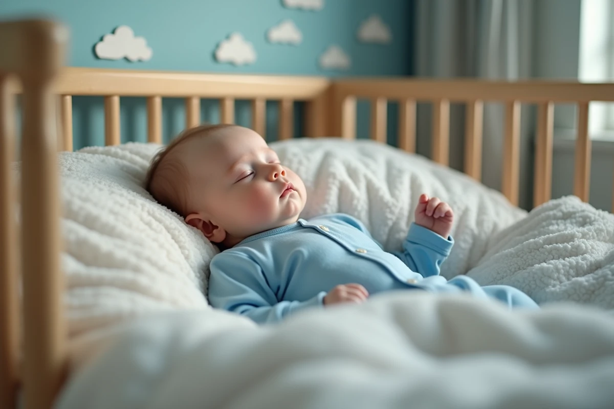 Bébé endormi dans son berceau en coton bleu