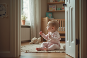 Bebe fille assise dans sa nurserie contemplant une porte vide
