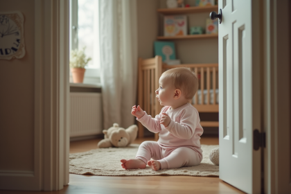 Bebe fille assise dans sa nurserie contemplant une porte vide
