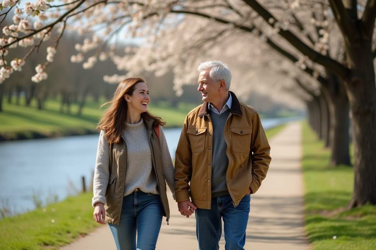 Couple marche au bord de la rivière au printemps
