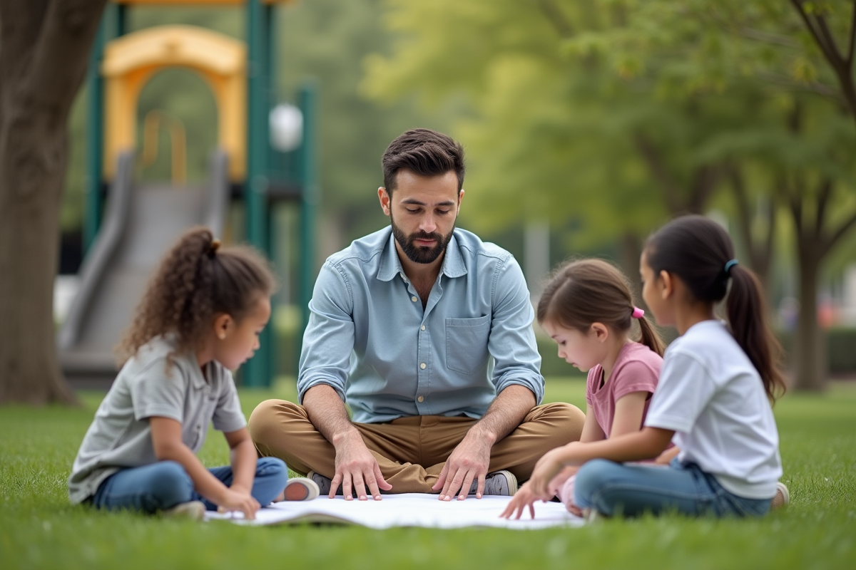 Jeune éducateur avec enfants dessinant en plein air