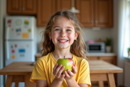 Jeune fille souriante avec dent de devant perdue dans la cuisine