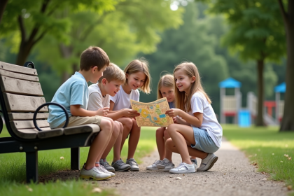 Groupe d'enfants cherchant un indice dans un parc urbain