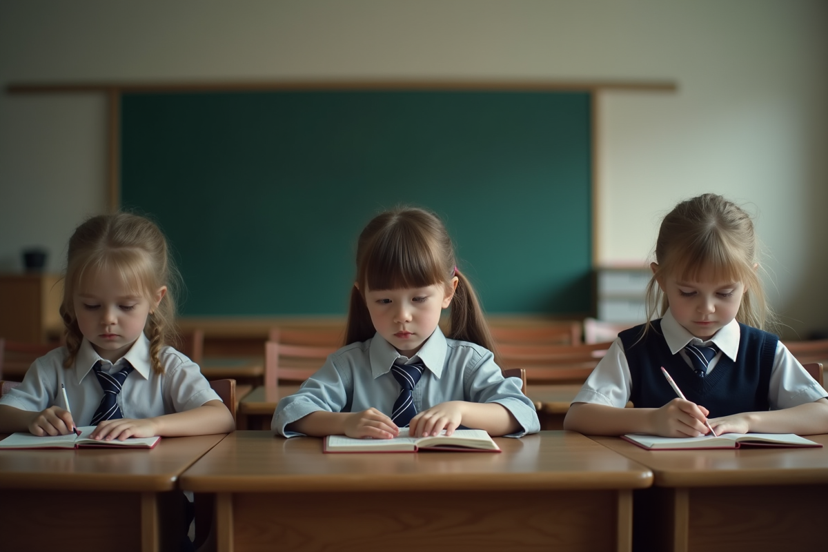 Trois enfants en uniforme scolaire dans une classe vide