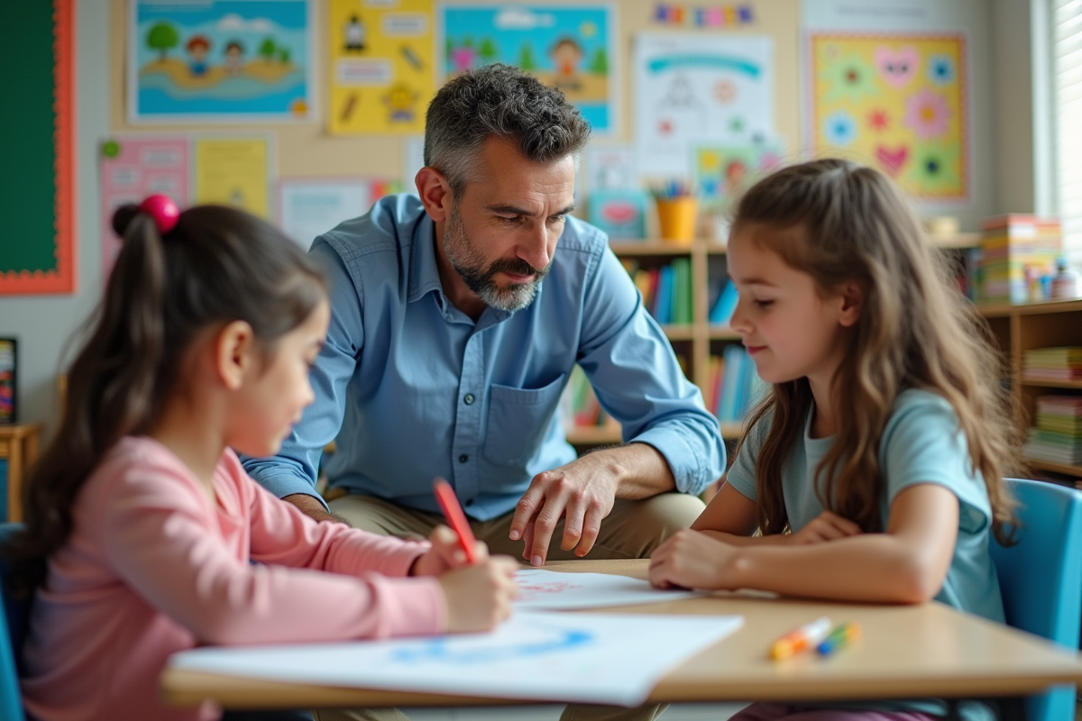 Enseignant et élèves discutent de leur art en classe colorée