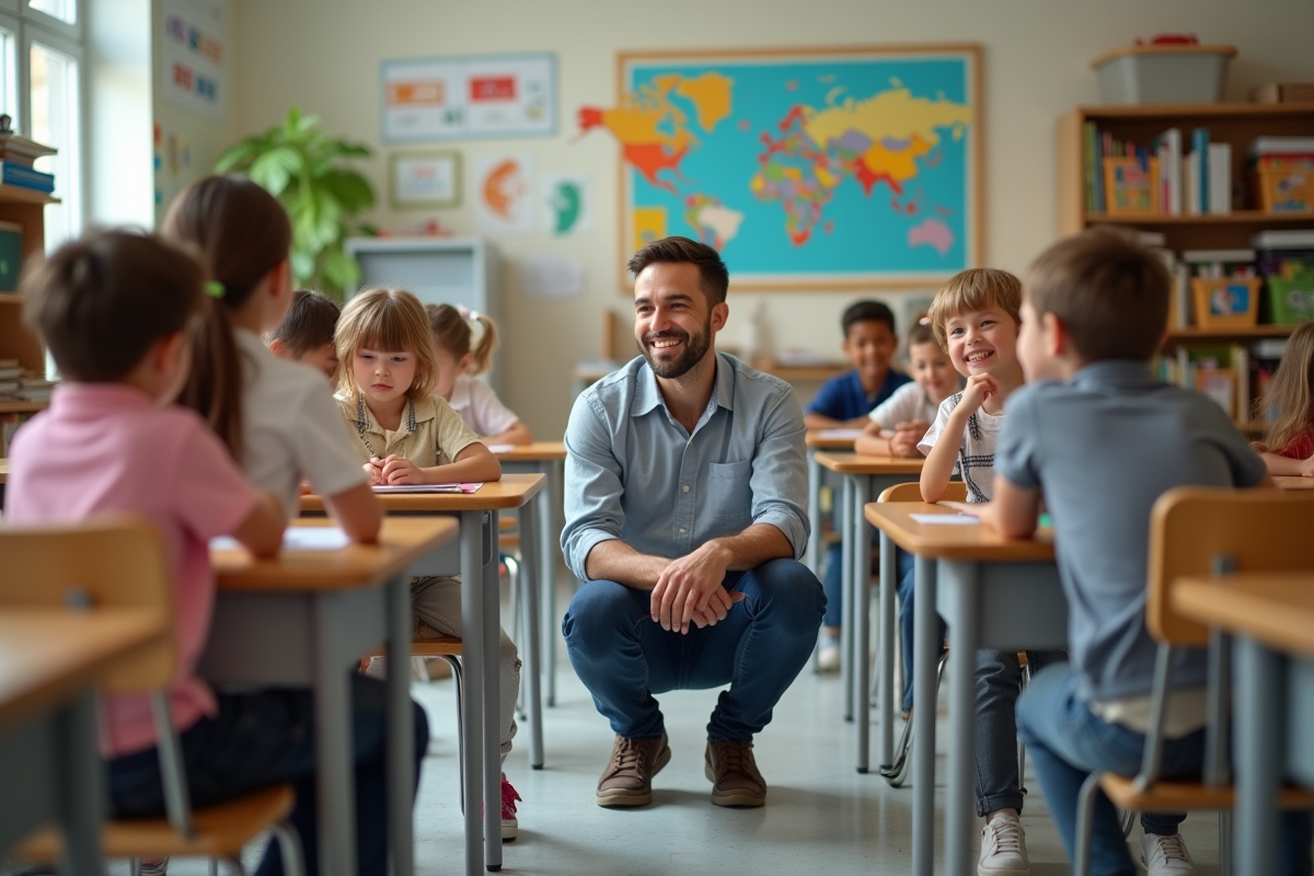 Enseignant souriant avec des élèves dans une classe accueillante