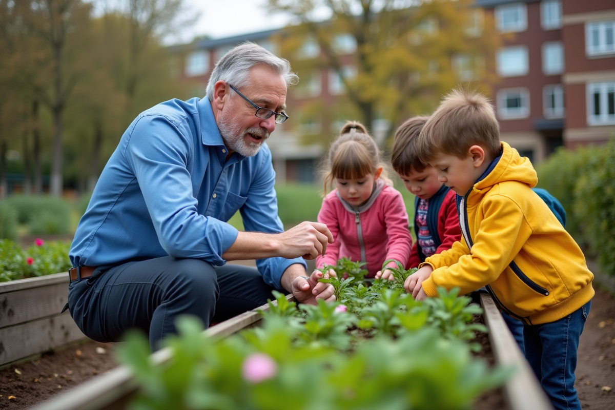 Professeur et enfants en activité scientifique dans le jardin