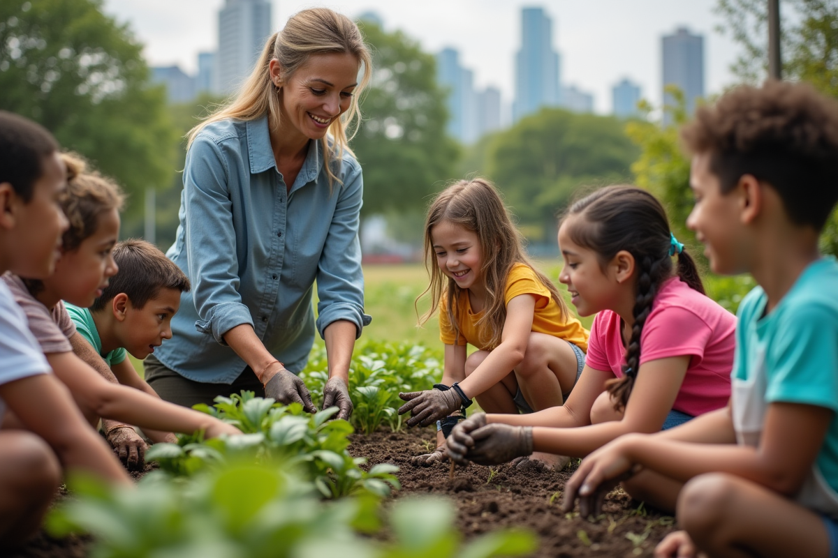 Une enseignante guide des enfants dans un jardin communautaire