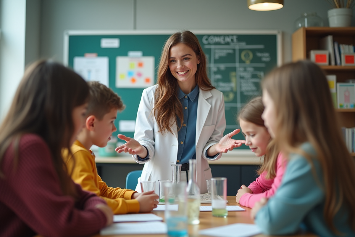 Jeune enseignante encourageant des élèves lors d