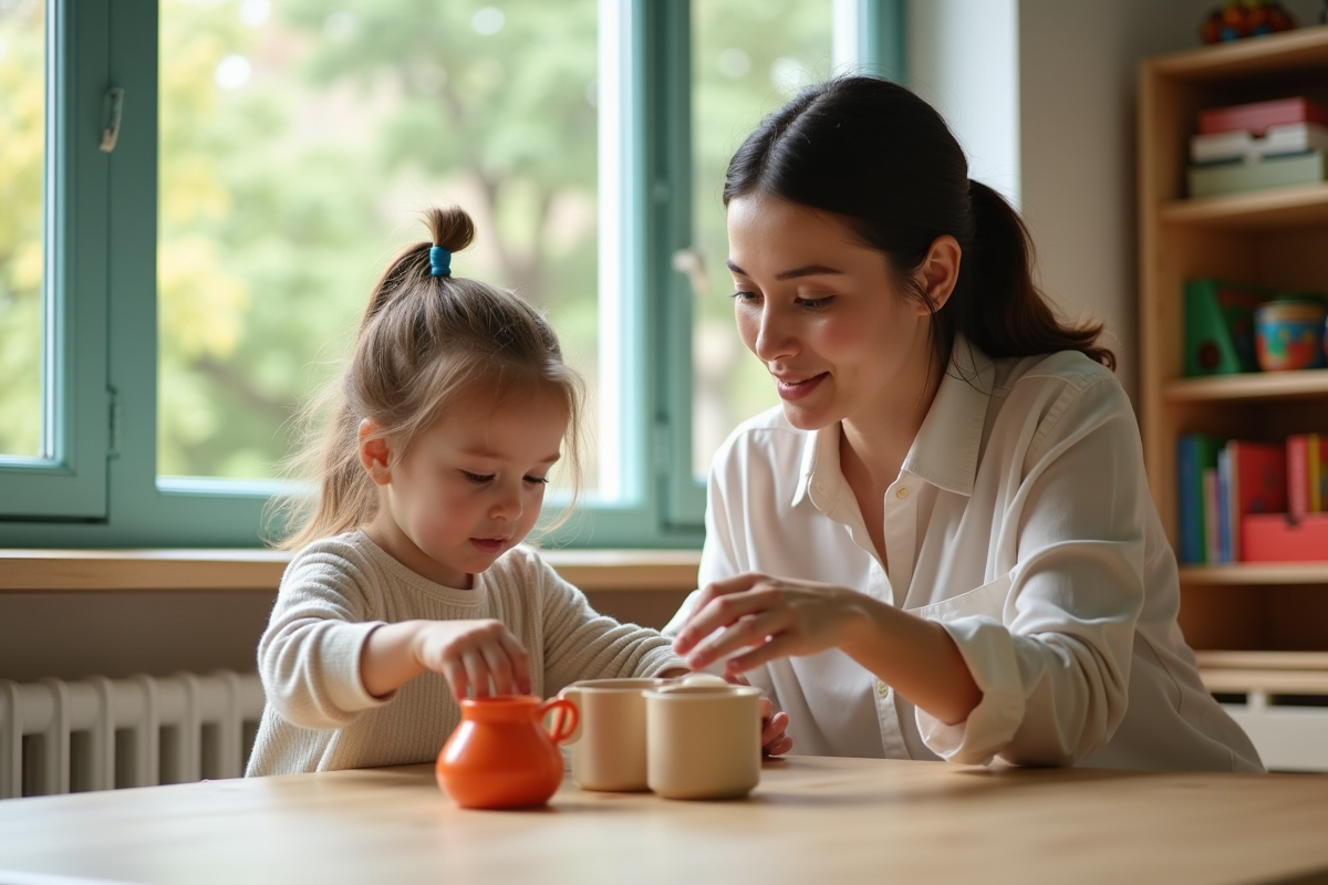 Femme enseignante guidant une élève avec des outils Montessori
