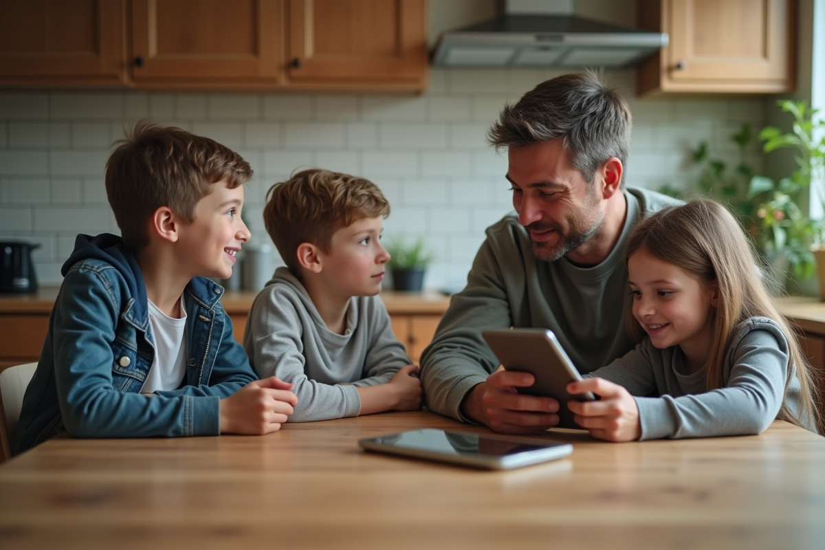 Famille discutant à la table de cuisine