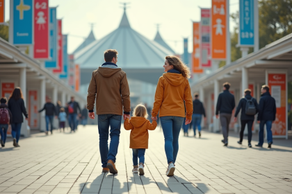 Famille marchant à Futuroscope en printemps avec sculptures modernes