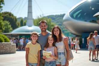 Famille souriante devant les pavillons futuristes à Futuroscope