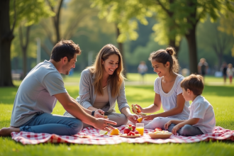 Famille de quatre profitant d'un pique-nique dans un parc en famille
