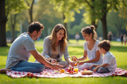 Famille de quatre profitant d'un pique-nique dans un parc en famille