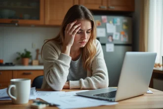 Femme fatiguée assise à la cuisine avec désordre