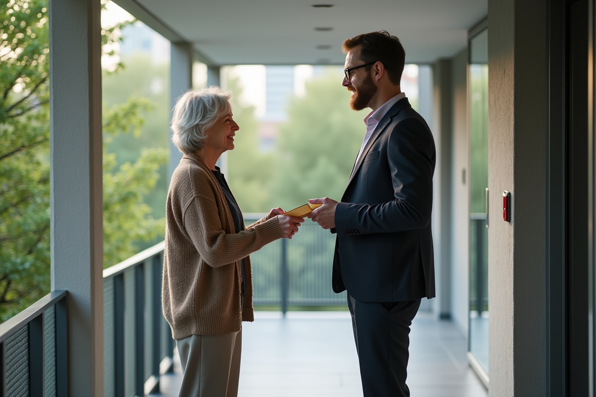 Femme donnant une enveloppe à son fils devant l