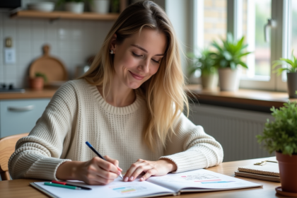 Femme souriante organise un planner coloré à la maison