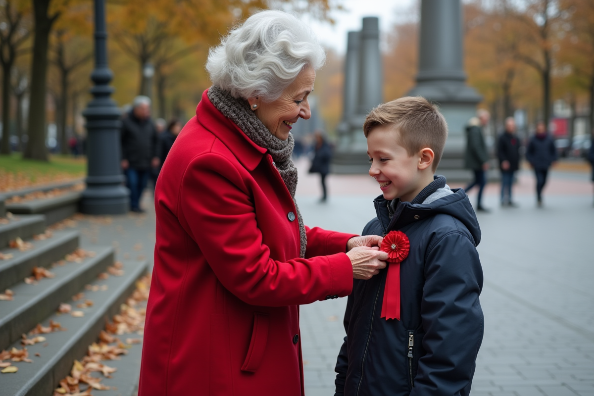 Femme âgée pinçant un ruban à un jeune garçon en extérieur