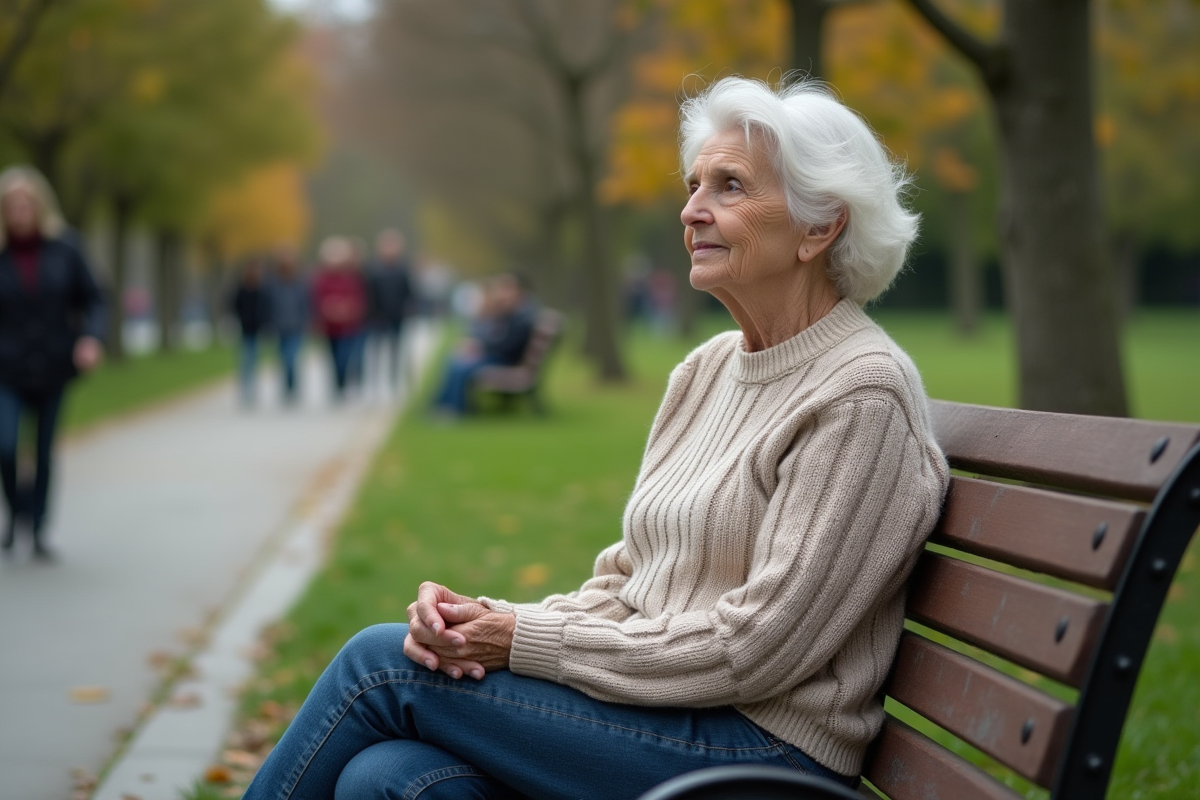 Femme âgée assise sur un banc de parc en réflexion