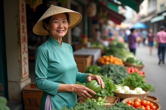 Femme vietnamienne en ao dai dans un marché animé