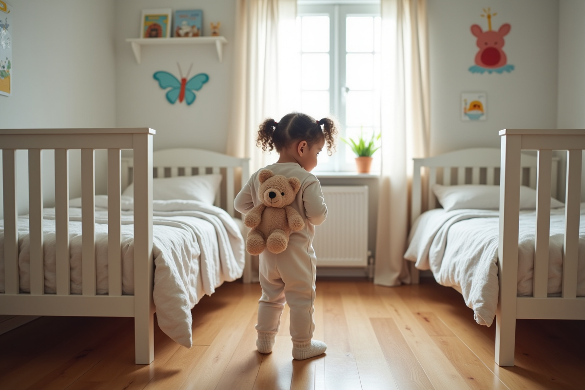 Fille bébé regardant le lit en transition dans la chambre