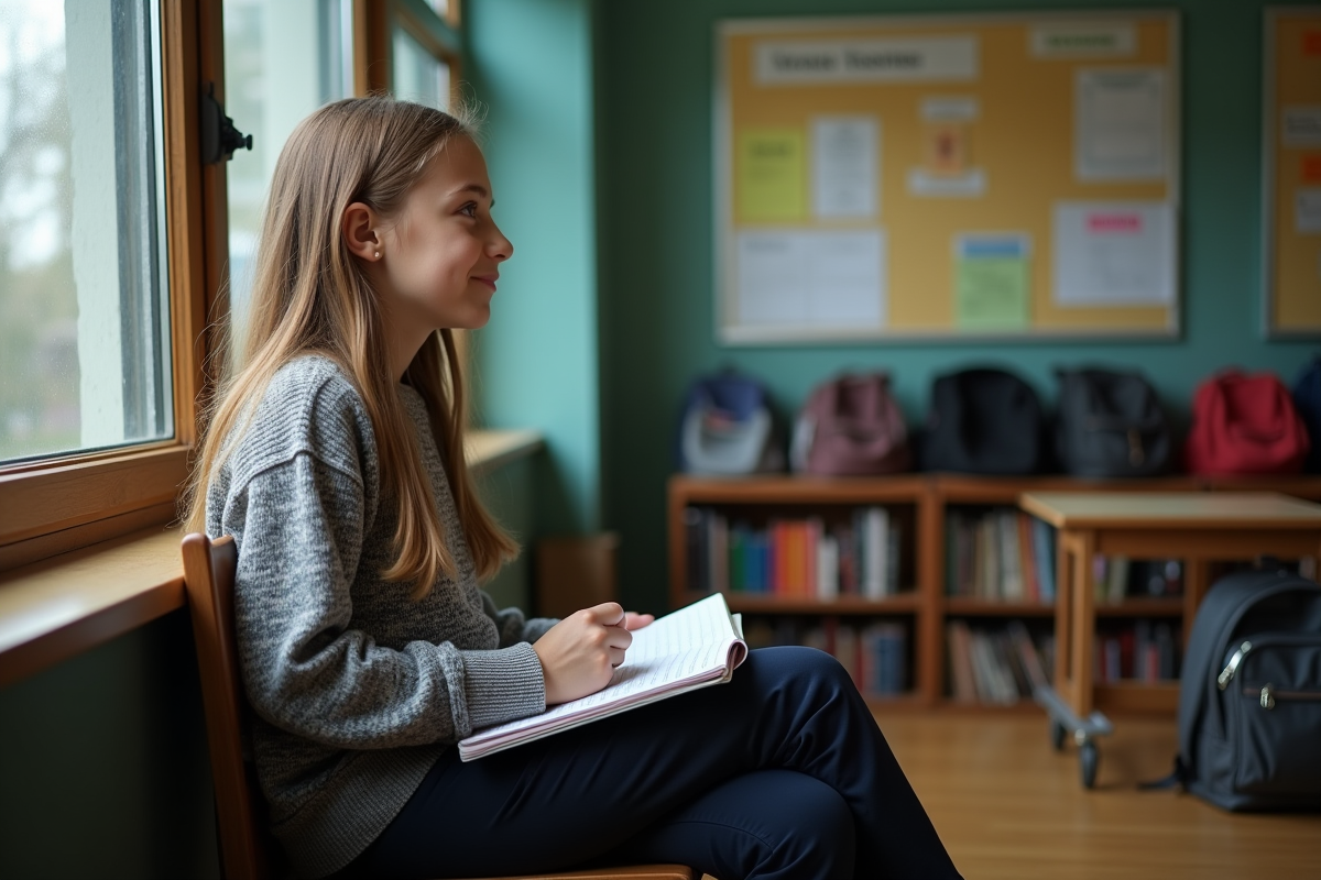 Fille de 13 ans regardant par la fenêtre en classe