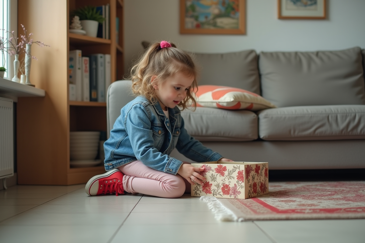 Jeune fille ouvrant une boîte au trésor dans son salon