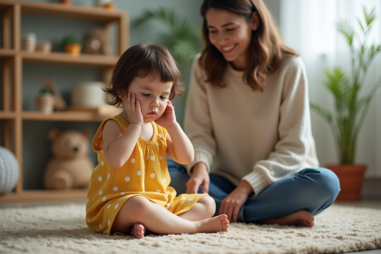 Jeune fille de deux ans en robe jaune polka dots