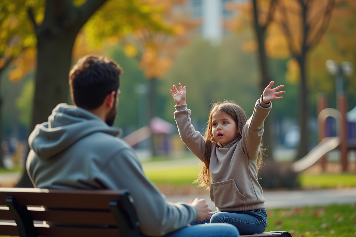 Fille préadolescente assise sur un banc de parc avec un adulte à côté