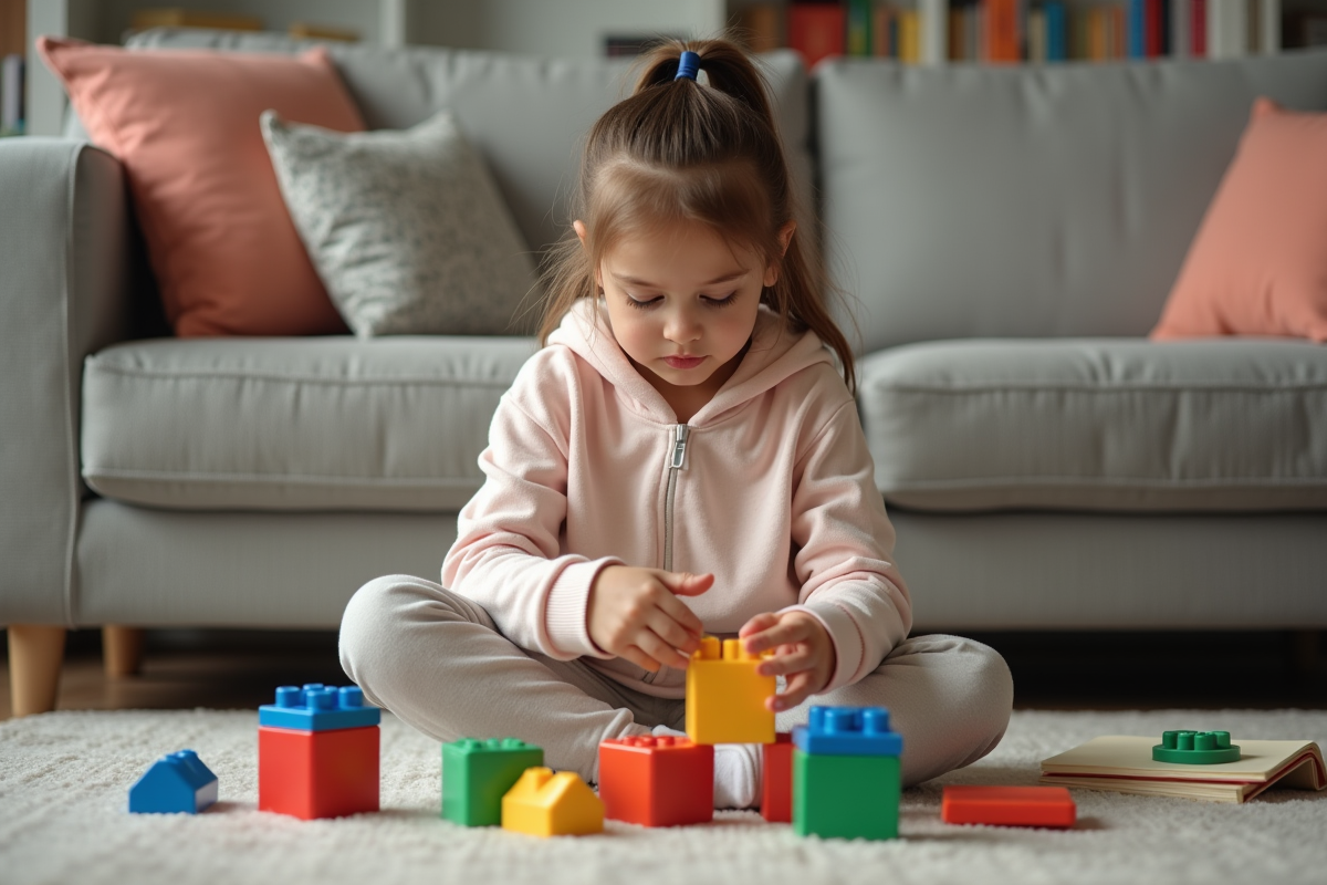 Fille de 6 ans jouant avec des blocs dans un salon