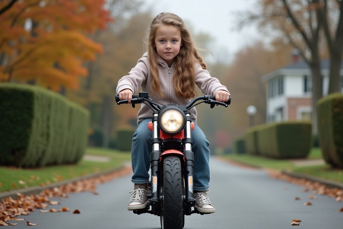 Fille de 12 ans en ville avec sa moto dans un quartier résidentiel