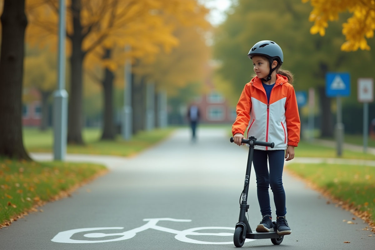 Fille de 12 ans en scooter sur chemin suburbain