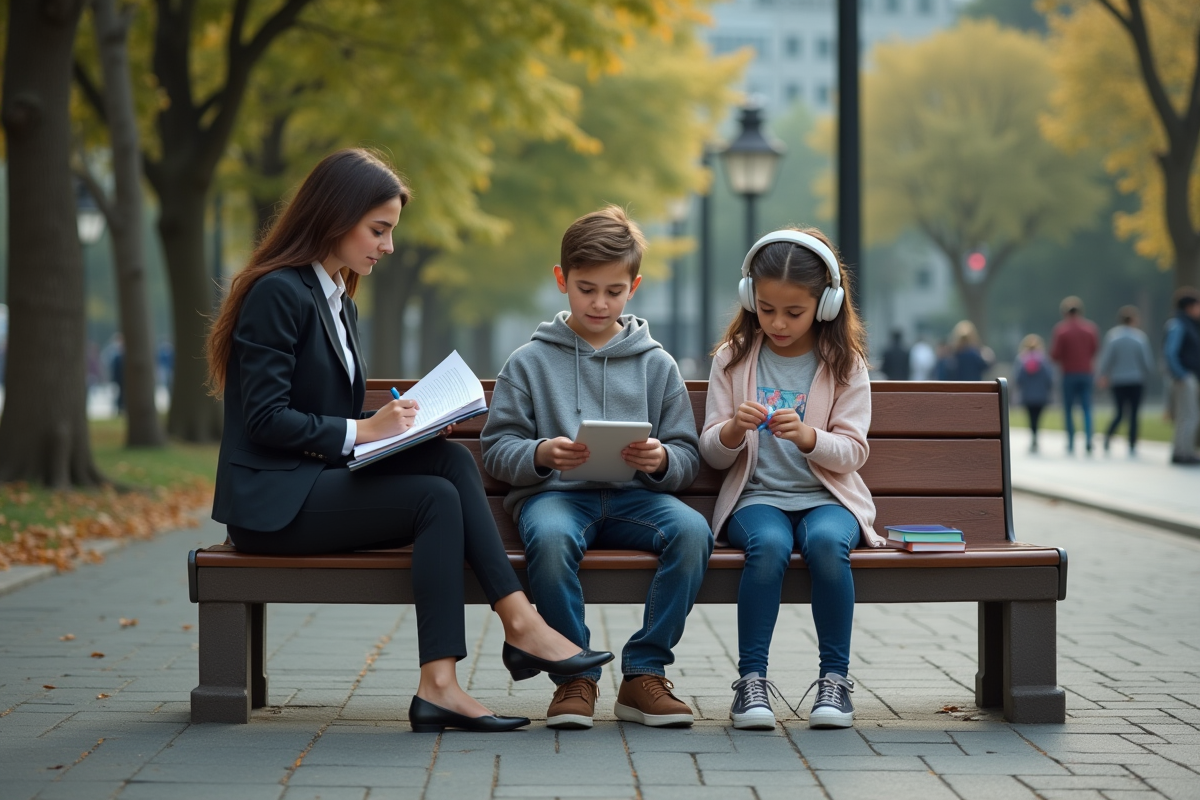 Frères et sœurs assis sur un banc dans un parc urbain