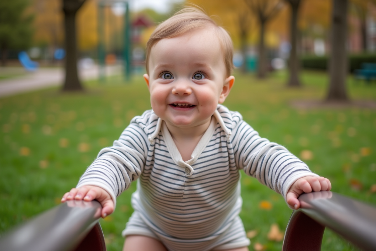 Garcon de 10 mois dans un parc avec aire de jeux