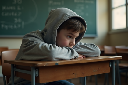 Jeune garçon de 16 ans assis au bureau scolaire