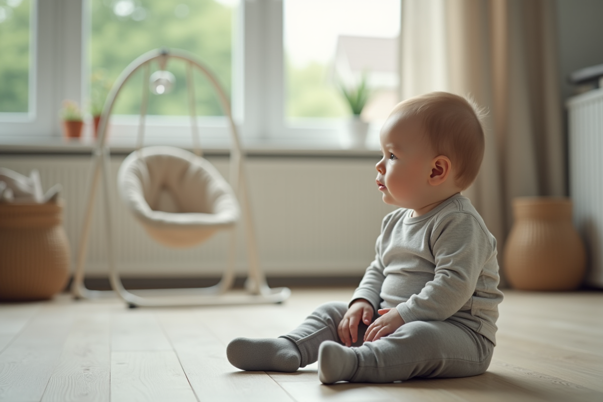 Bebe garçon seul dans le salon avec un balancier vide