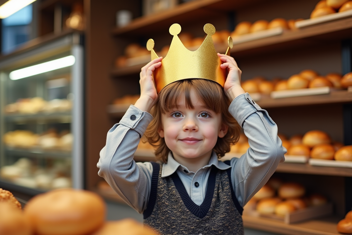 Jeune garçon avec couronne en boulangerie authentique