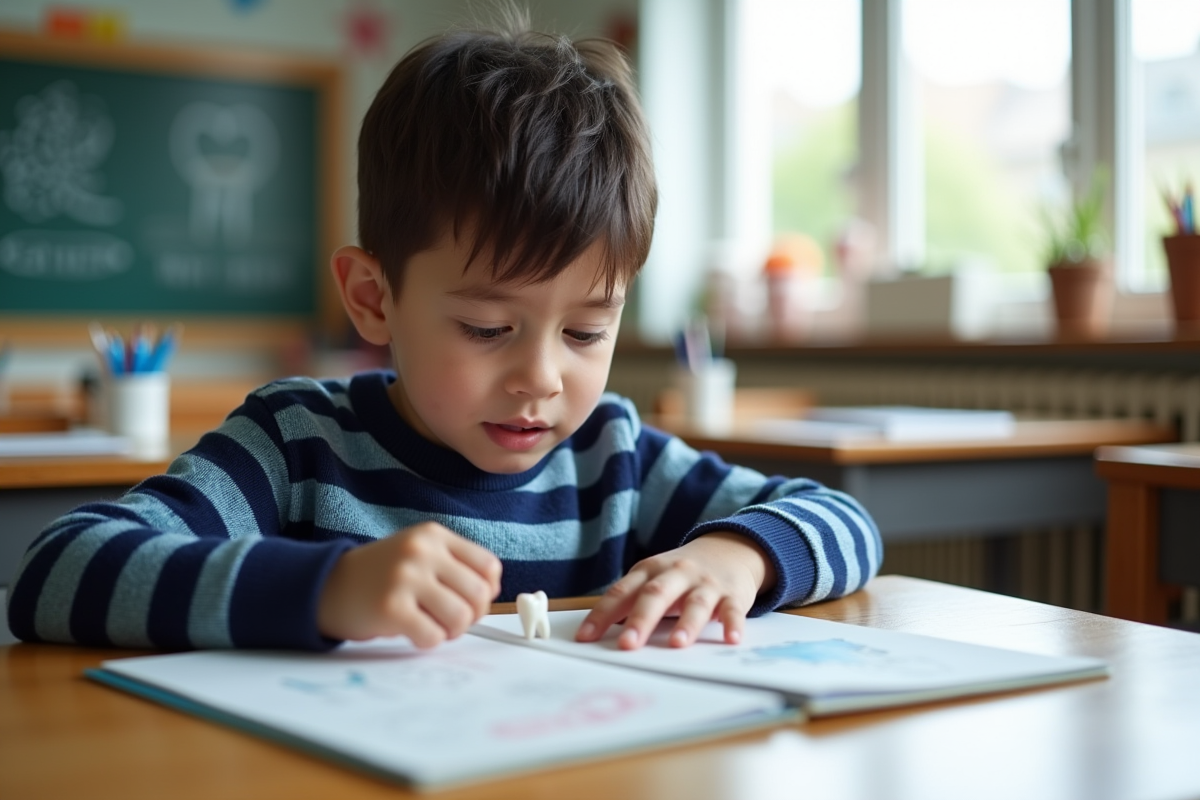 Garçon curieux regardant sa dent de lait sur une table d