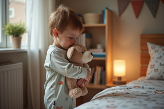 Garçon de 4 ans en pyjama coton dans sa chambre