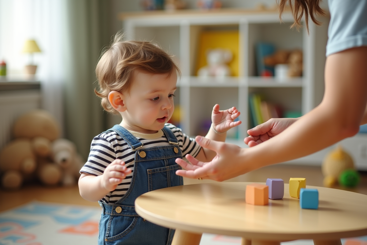 Garçon de deux ans en salopette observe un adulte