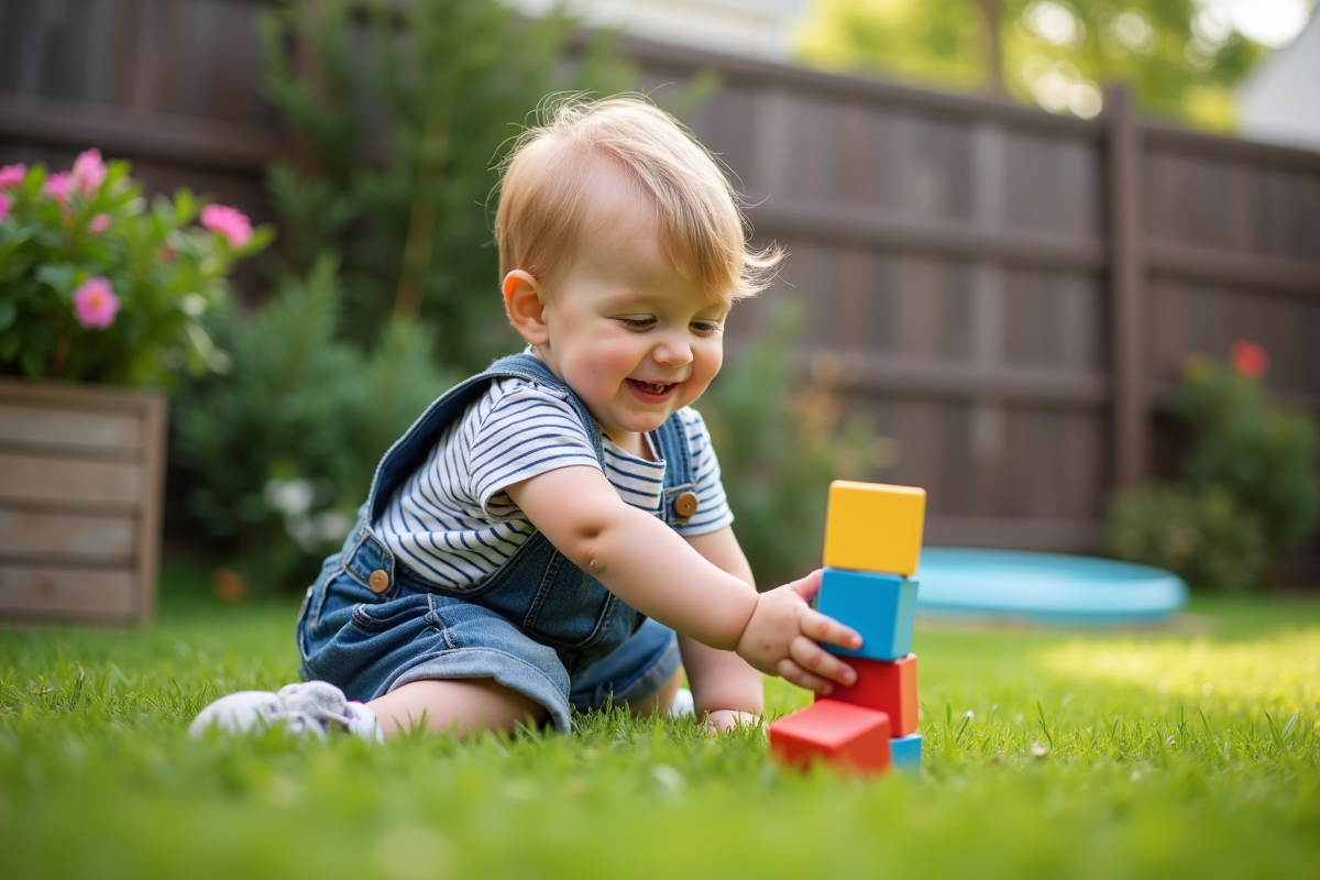 Garçon de deux ans explore des blocs de construction dans un jardin verdoyant