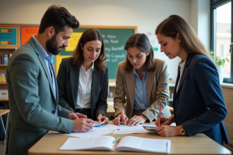 Groupe d'enseignants collaborant dans une salle de classe lumineuse