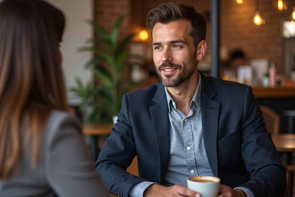 Homme en blazer assis dans un café avec une femme