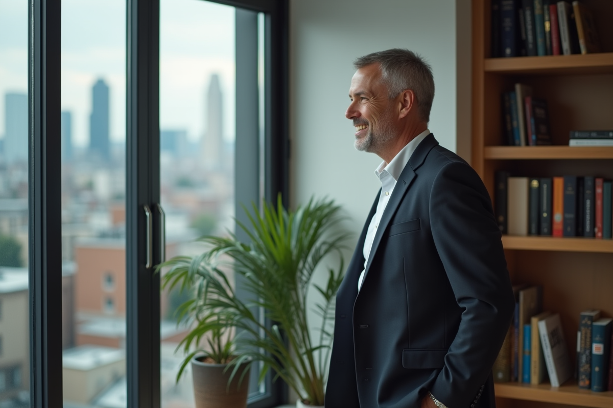 Homme en blazer regardant la ville depuis son appartement