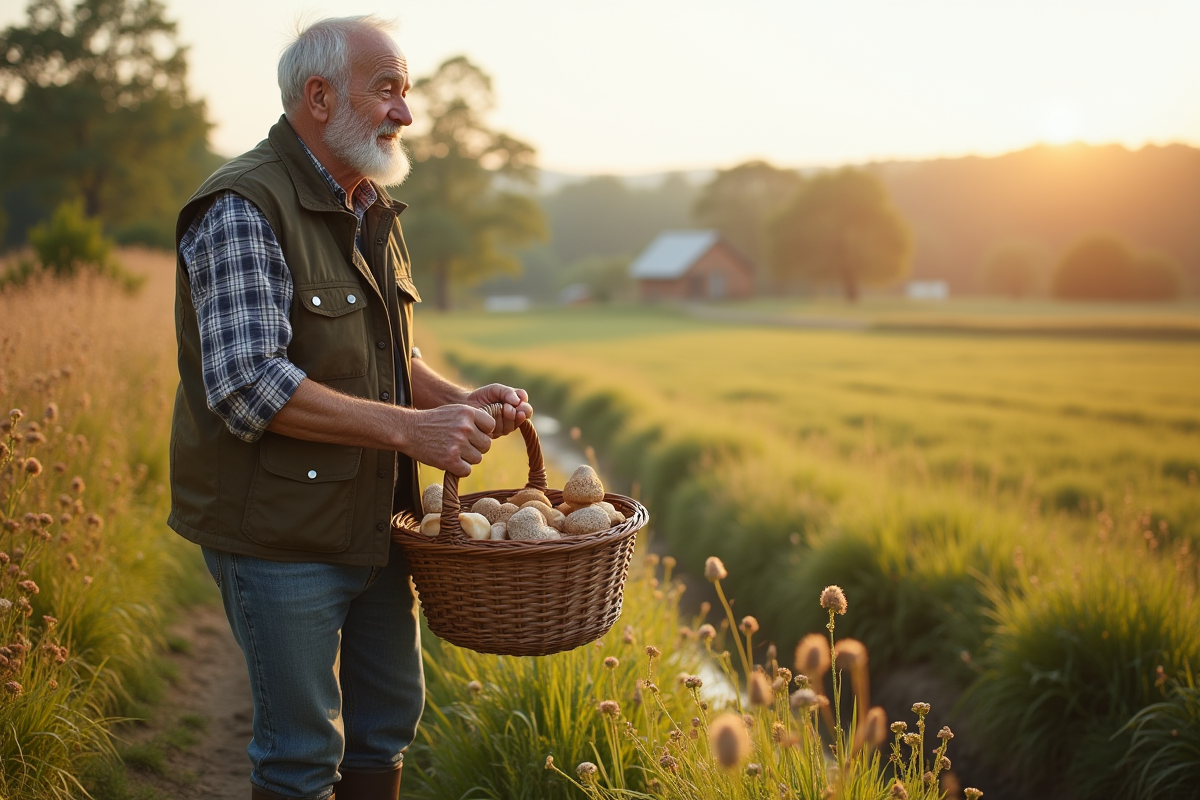Homme avec panier de champignons dans le pré